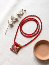 Hand Beaded Long Red Necklace with Statement Pendant