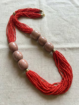 Multi-Strand Red Seed Bead Necklace with Oversized Crackle Beads