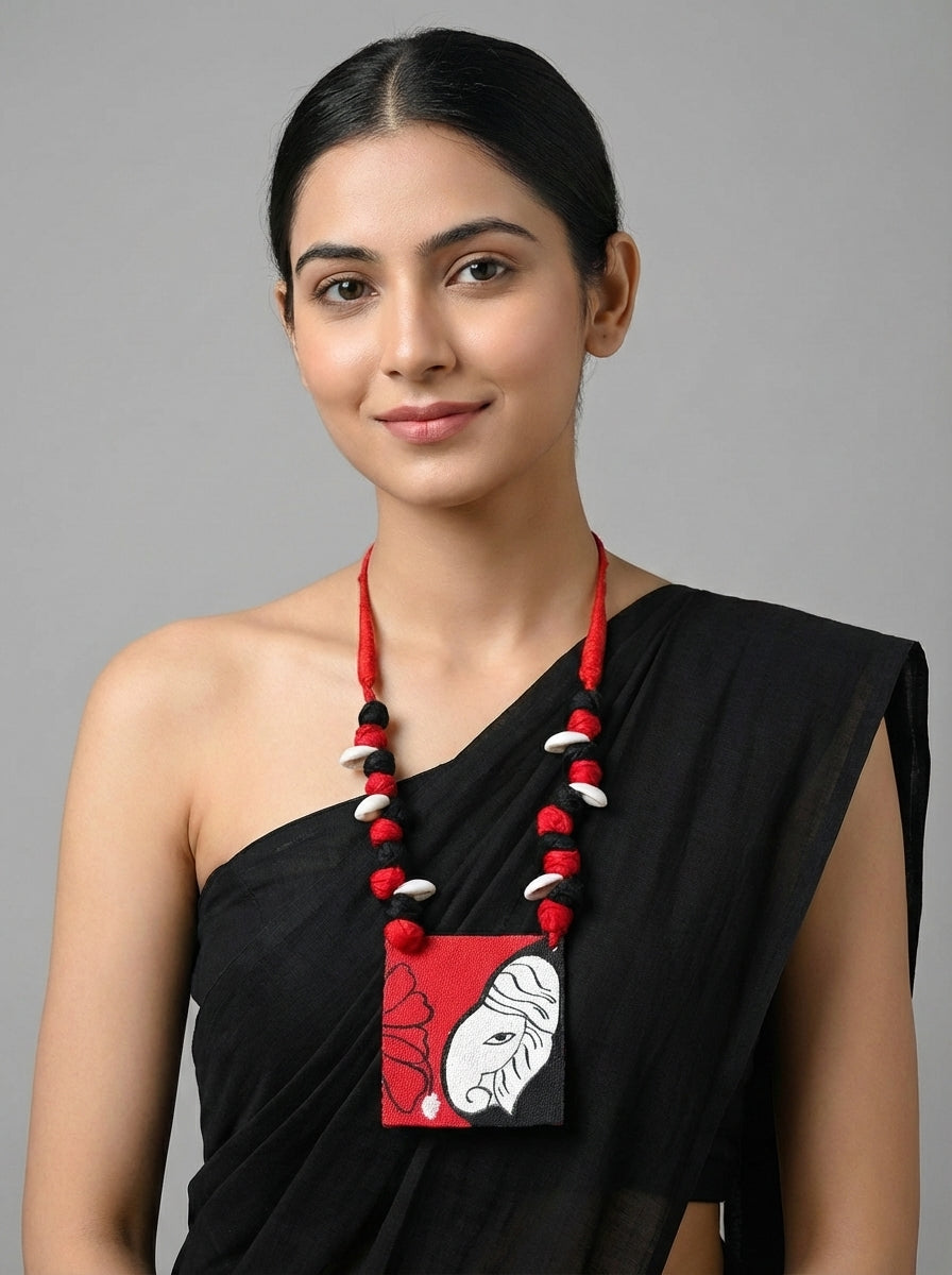 Red and Black Ganesha Hand Painted Necklace