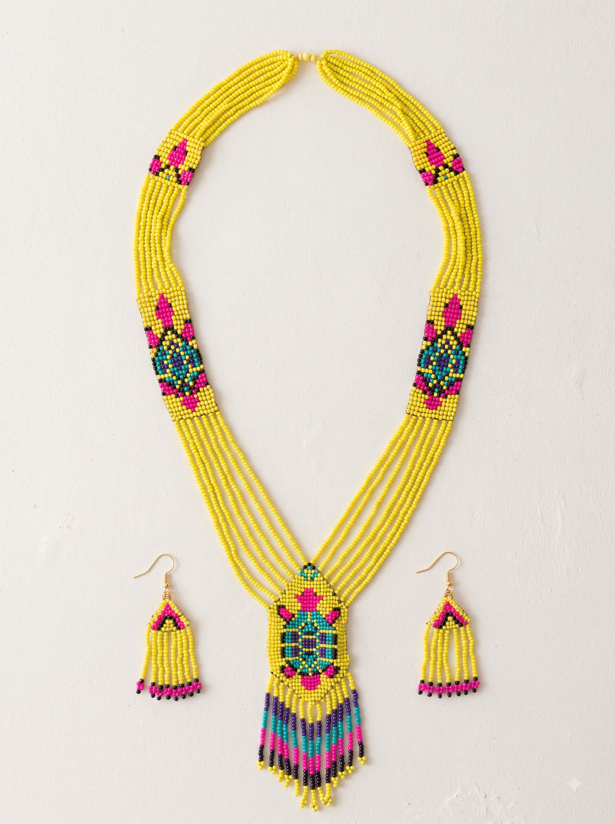 Yellow, Pink and Blue Hand Beaded Long Necklace Set