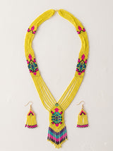 Yellow, Pink and Blue Hand Beaded Long Necklace Set