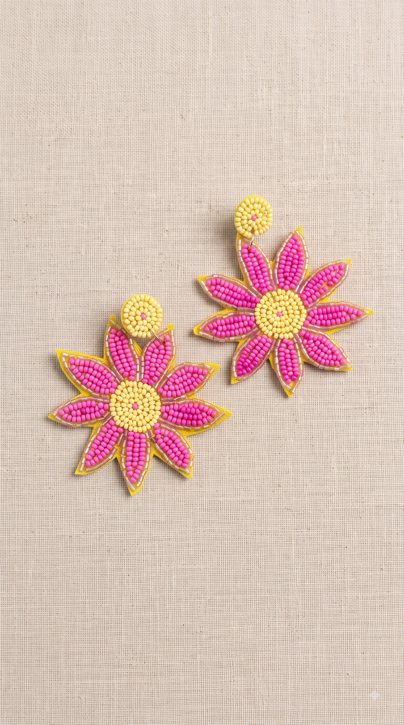Pink & Yellow Seed Bead Daisy Flower Statement Earrings