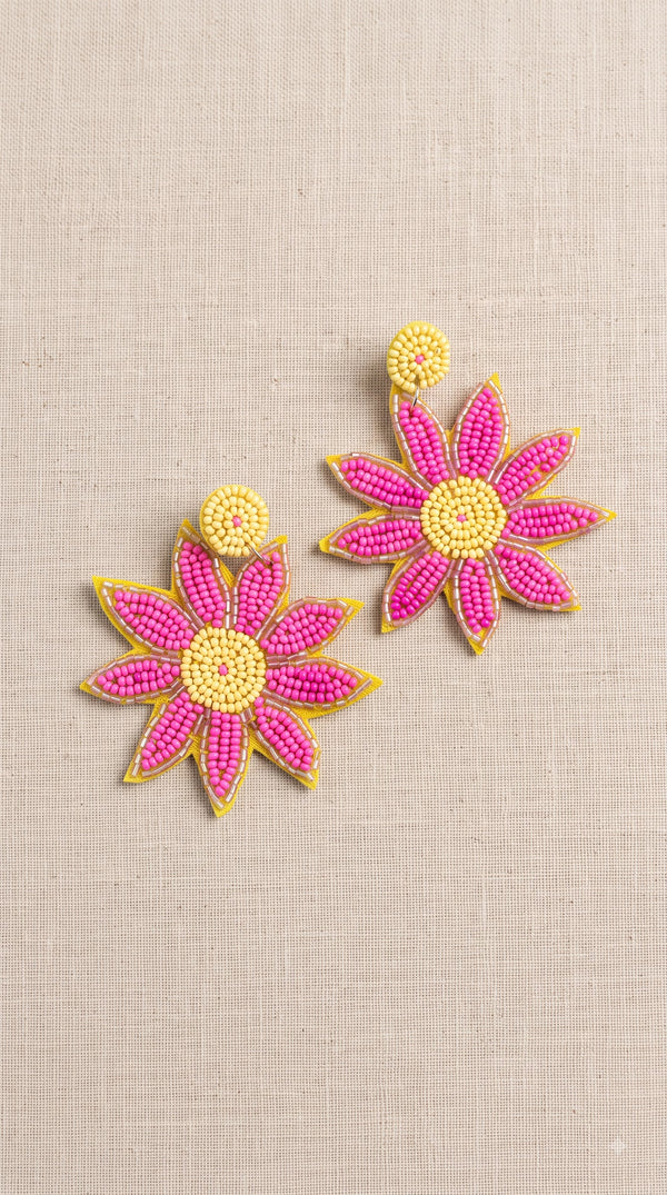 Pink & Yellow Seed Bead Daisy Flower Statement Earrings