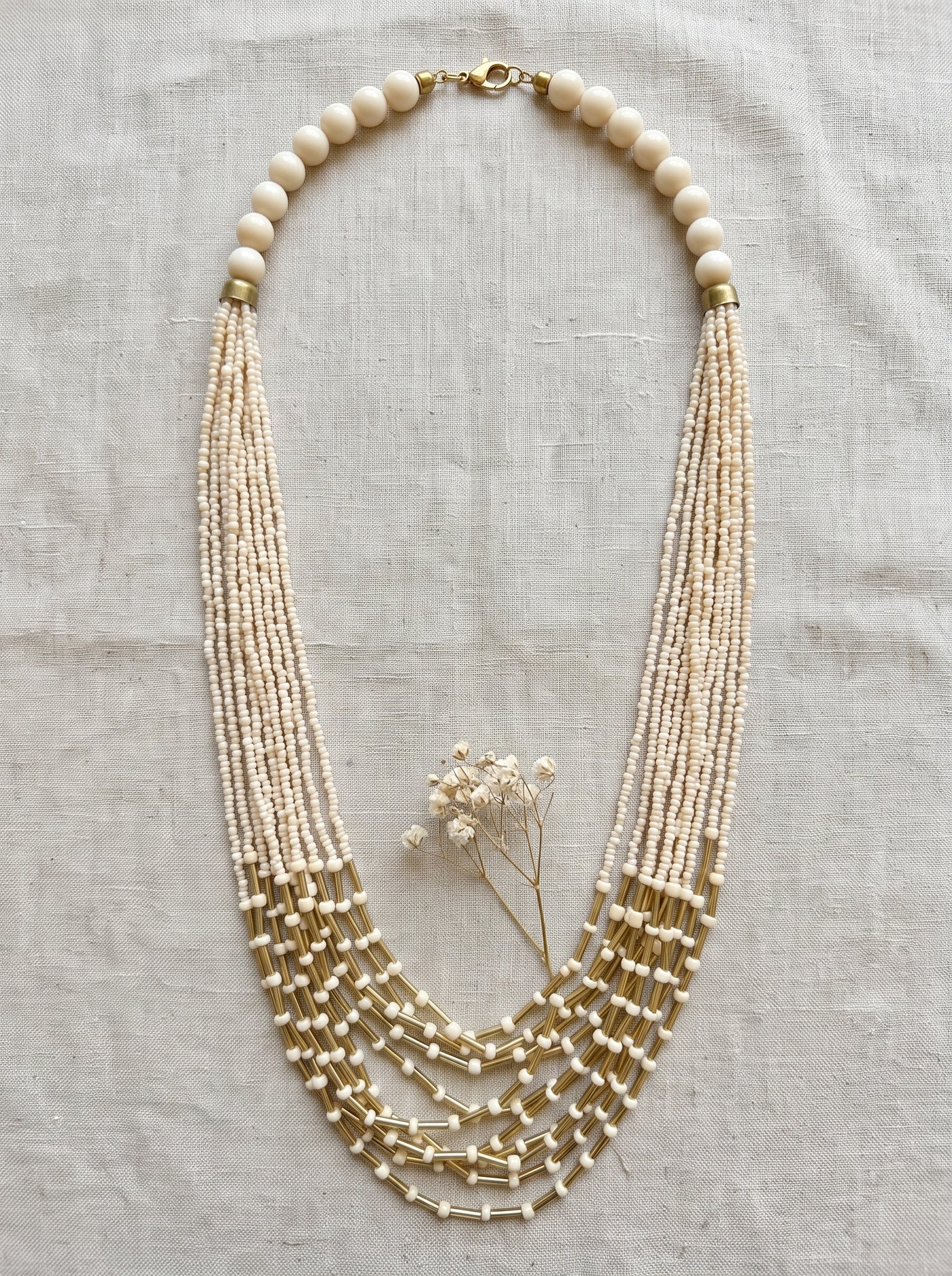 Off-White Beads and Gold Long Multi-Layer Necklace