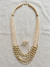Off-White Beads and Gold Long Multi-Layer Necklace