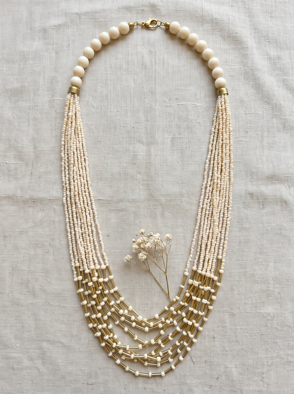 Off-White Beads and Gold Long Multi-Layer Necklace