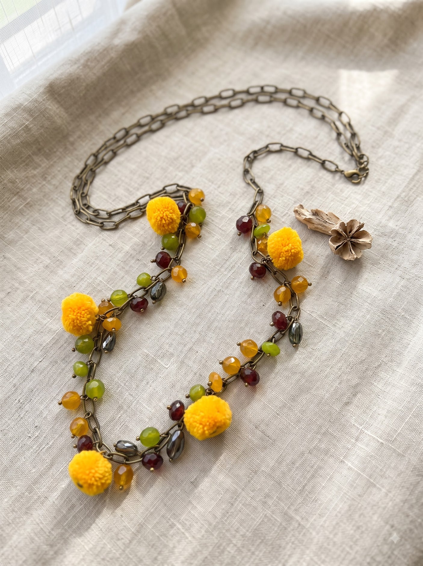 Yellow Pom Pom & Mixed Gemstone Charm Long Necklace on Antique Gold Chain