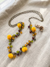 Yellow Pom Pom & Mixed Gemstone Charm Long Necklace on Antique Gold Chain