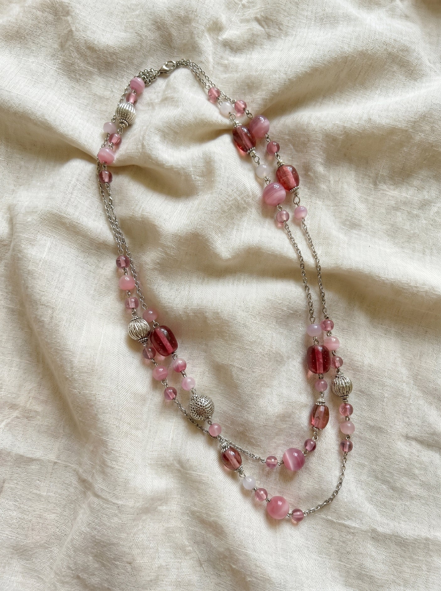 Shades of Pink Beads Braided in Silver Chain 2 Layer Necklace
