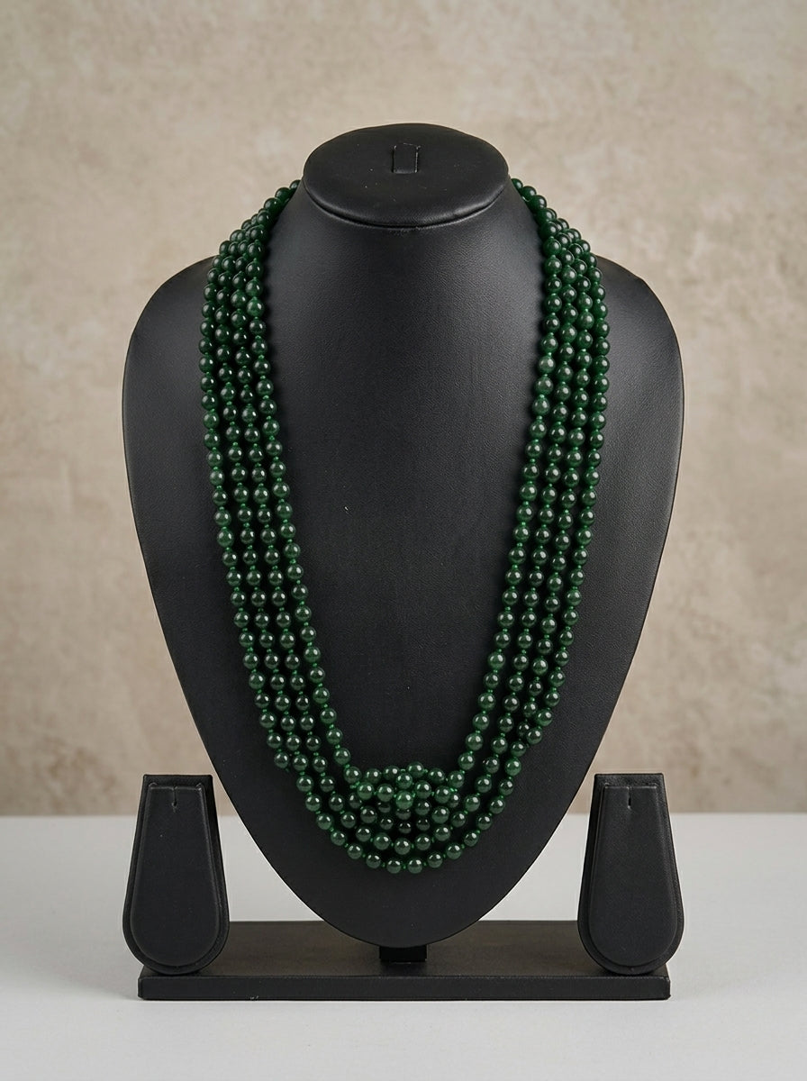 Multi Strand Green Round Glass Bead Long Opera Necklace
