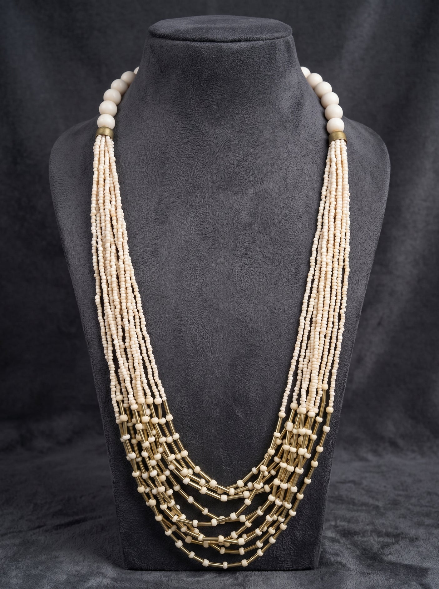 Off-White Beads and Gold Long Multi-Layer Necklace