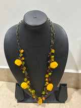 Yellow Pom Pom & Mixed Gemstone Charm Long Necklace on Antique Gold Chain