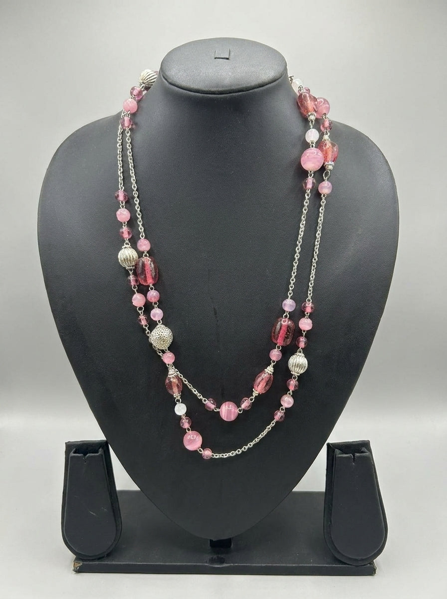 Shades of Pink Beads Braided in Silver Chain 2 Layer Necklace