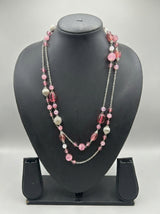 Shades of Pink Beads Braided in Silver Chain 2 Layer Necklace