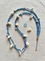 Shades of Blue Beads and Cowrie Shells Boho Necklace