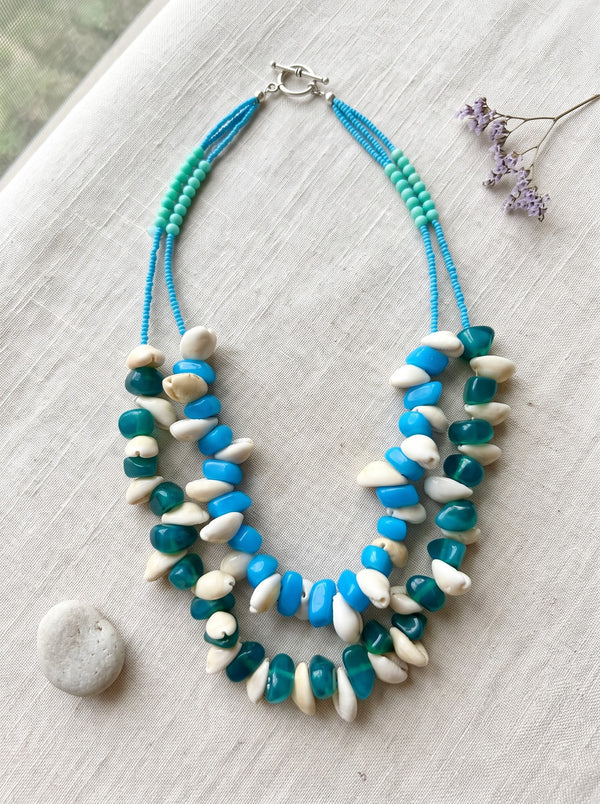 Turquoise Blue & White Shell Chip Double Strand Necklace