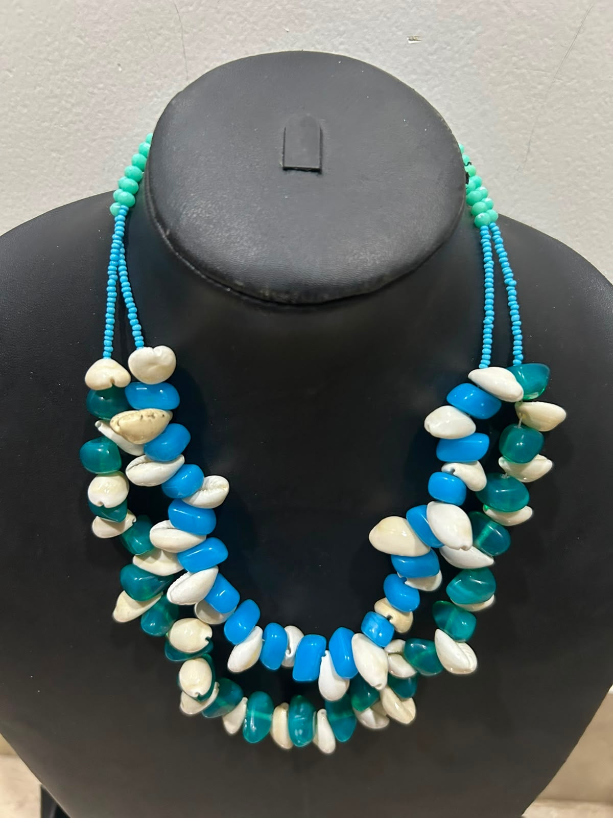 Turquoise Blue & White Shell Chip Double Strand Necklace
