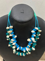 Turquoise Blue & White Shell Chip Double Strand Necklace