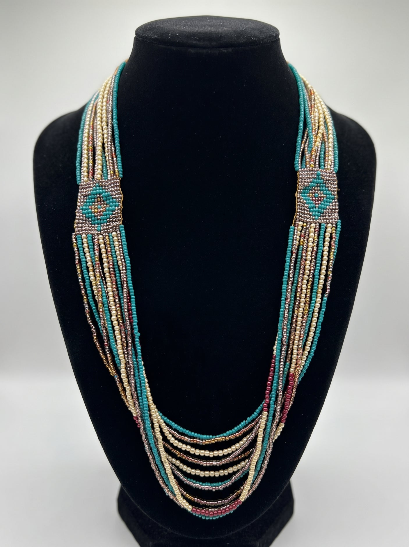 Blue, Bronze and Gold Multi Layer Bohemian Beaded Necklace