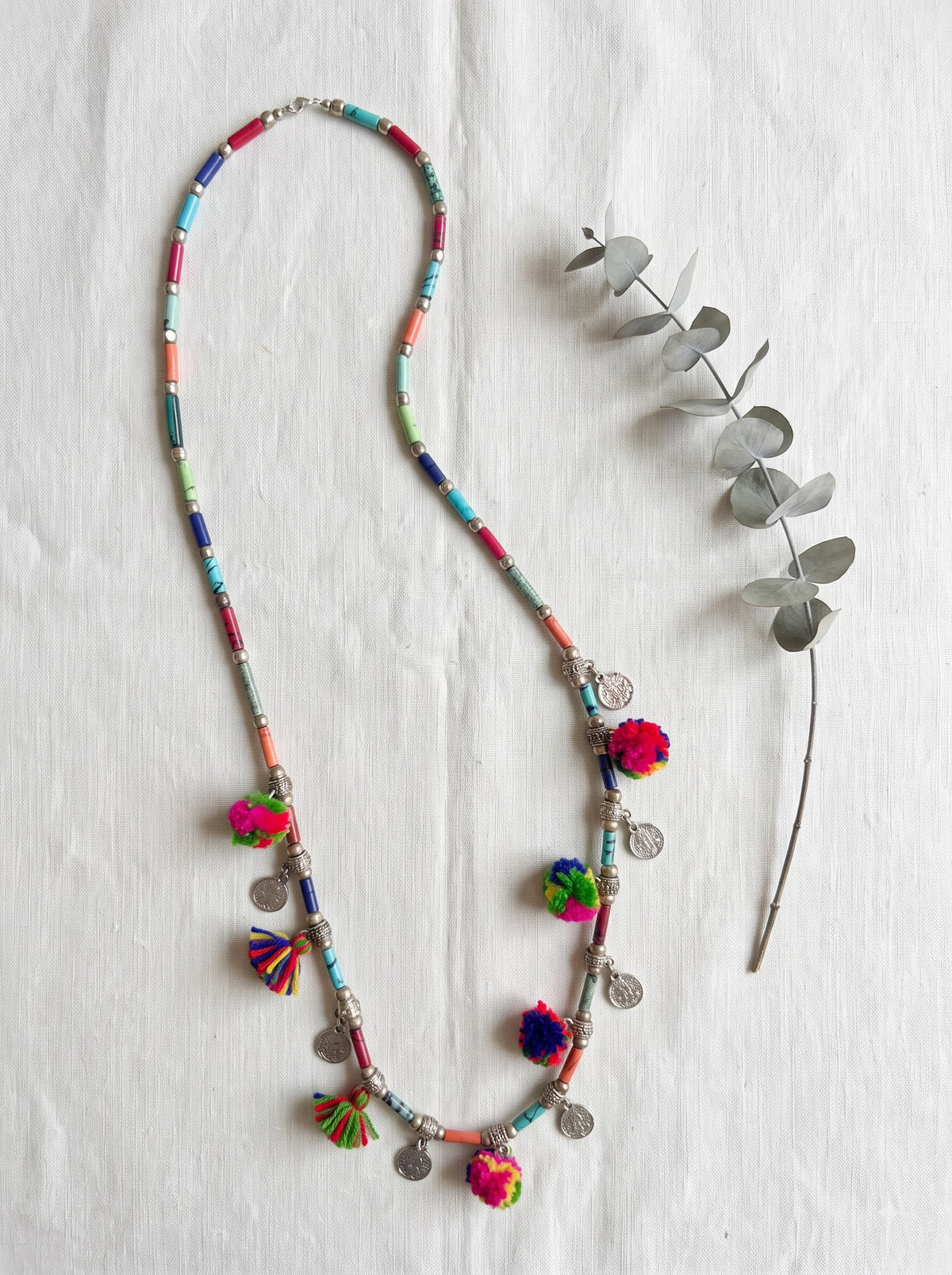Acrylic Beads, Metal and Pom Pom Long Boho Necklace