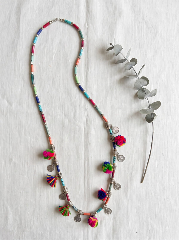Acrylic Beads, Metal and Pom Pom Long Boho Necklace