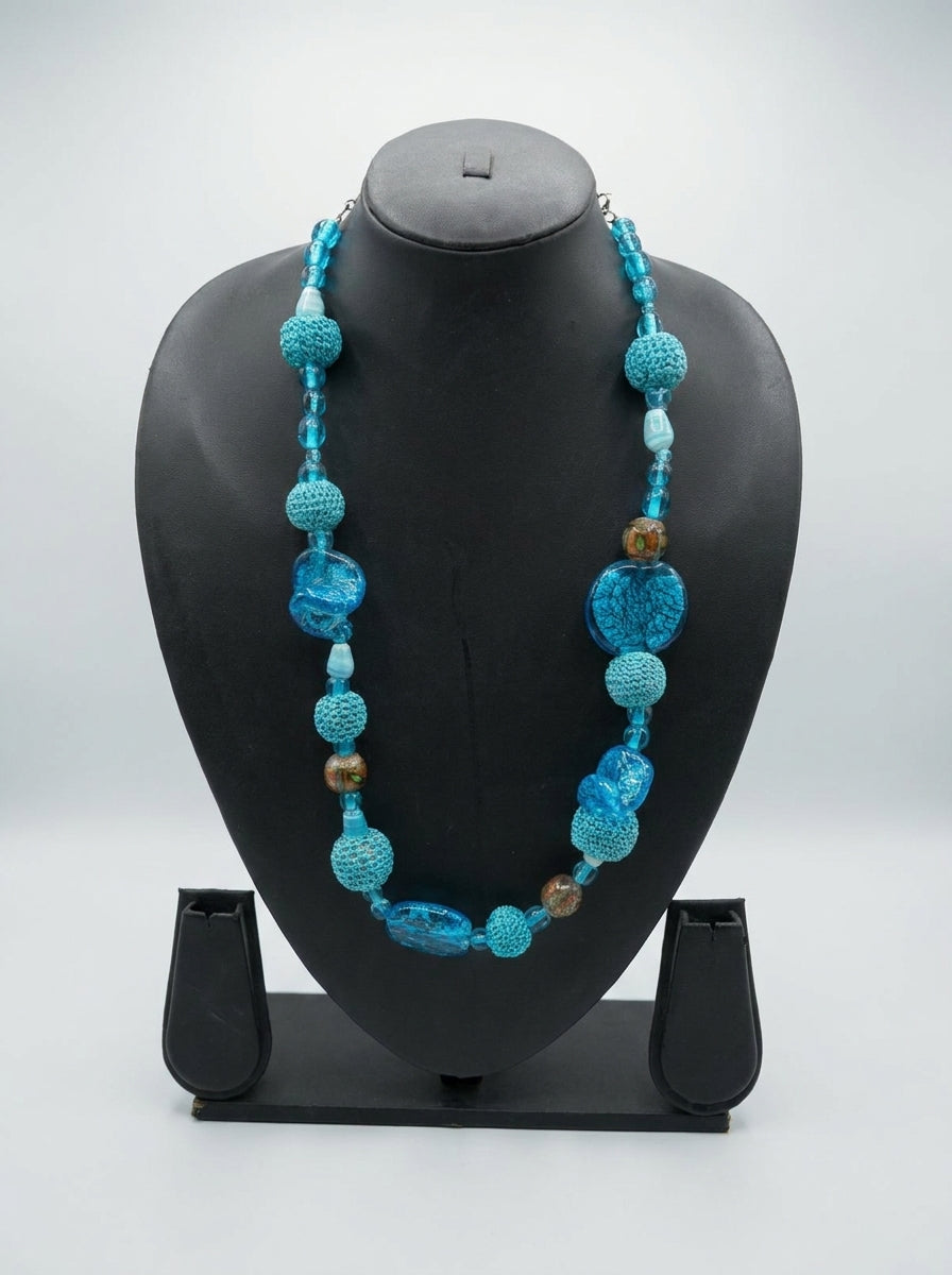 Blue Statement Glass Beads Long Necklace