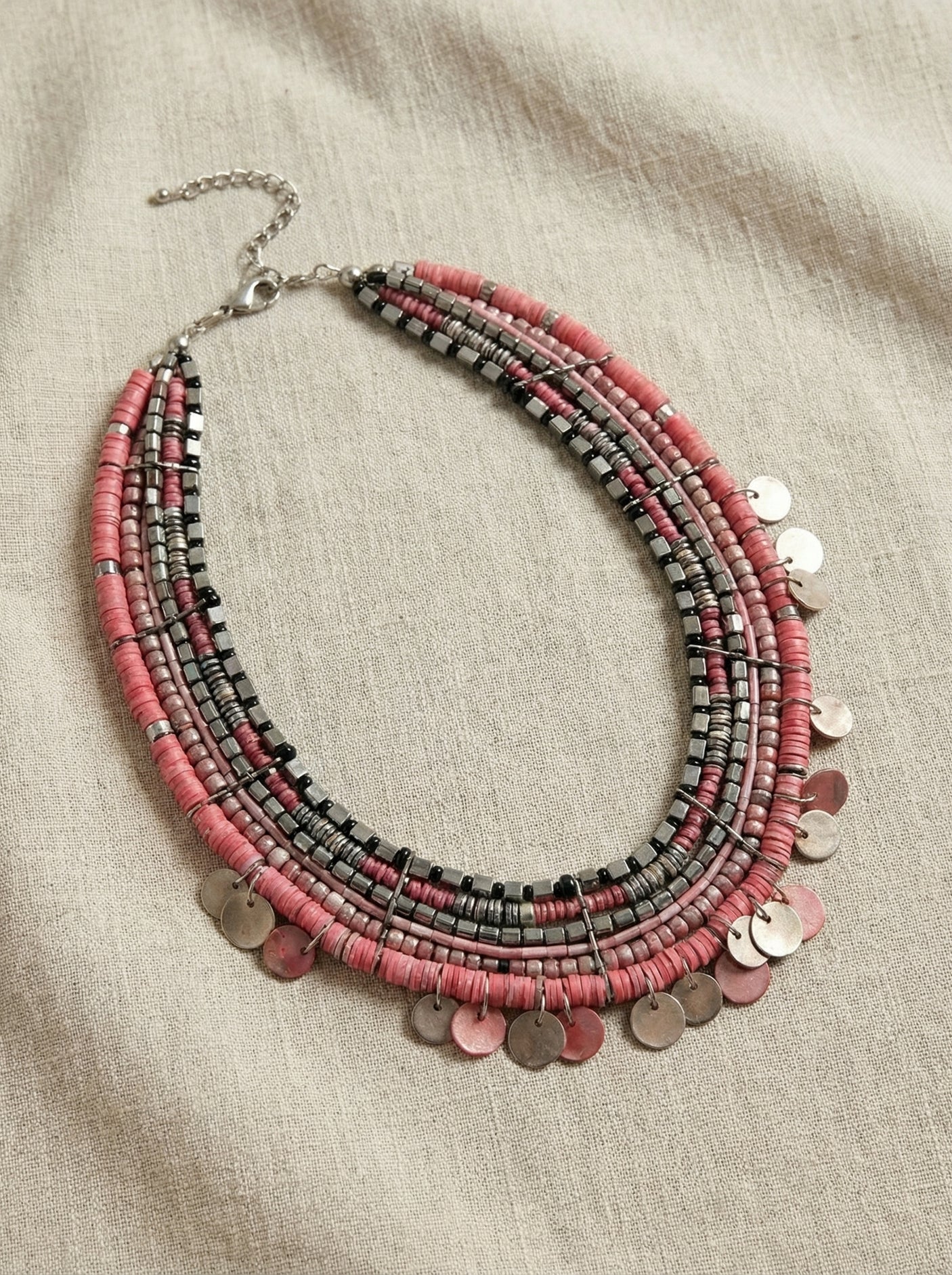 Multi-Strand Pink & Gunmetal Seed Bead Collar Necklace with Coin Drops