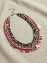Multi-Strand Pink & Gunmetal Seed Bead Collar Necklace with Coin Drops