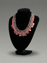 Multi-Strand Pink & Gunmetal Seed Bead Collar Necklace with Coin Drops