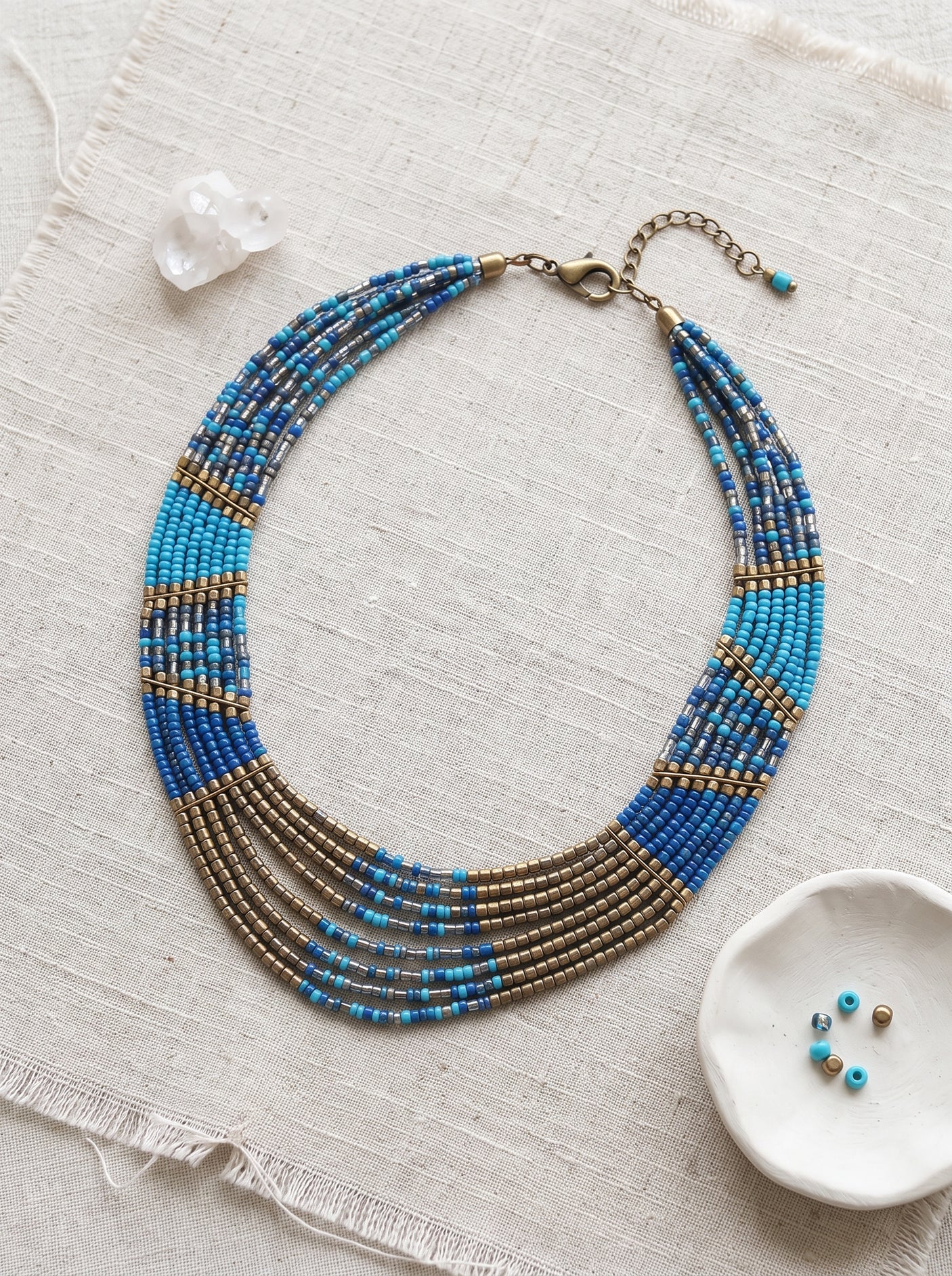 Blue and Bronze Boho Beaded Choker Necklace