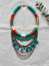 Teal Orange & White Colour Block Thread Wrapped Collar Necklace
