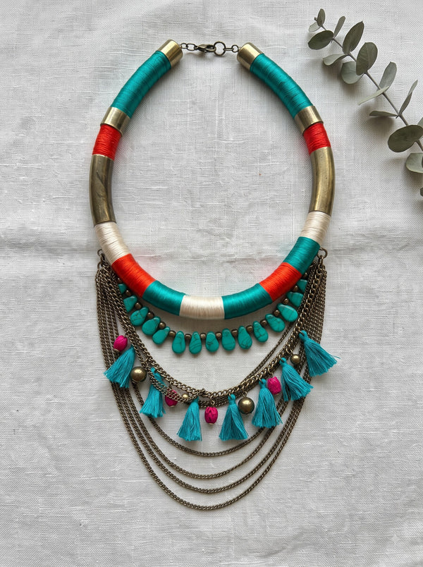 Teal Orange & White Colour Block Thread Wrapped Collar Necklace