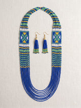 Blue and Green Hand Beaded Long Necklace Set