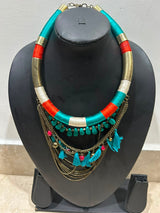Teal Orange & White Colour Block Thread Wrapped Collar Necklace