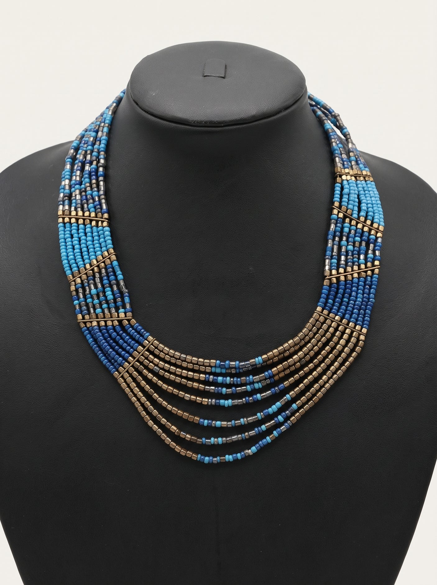 Blue and Bronze Boho Beaded Choker Necklace