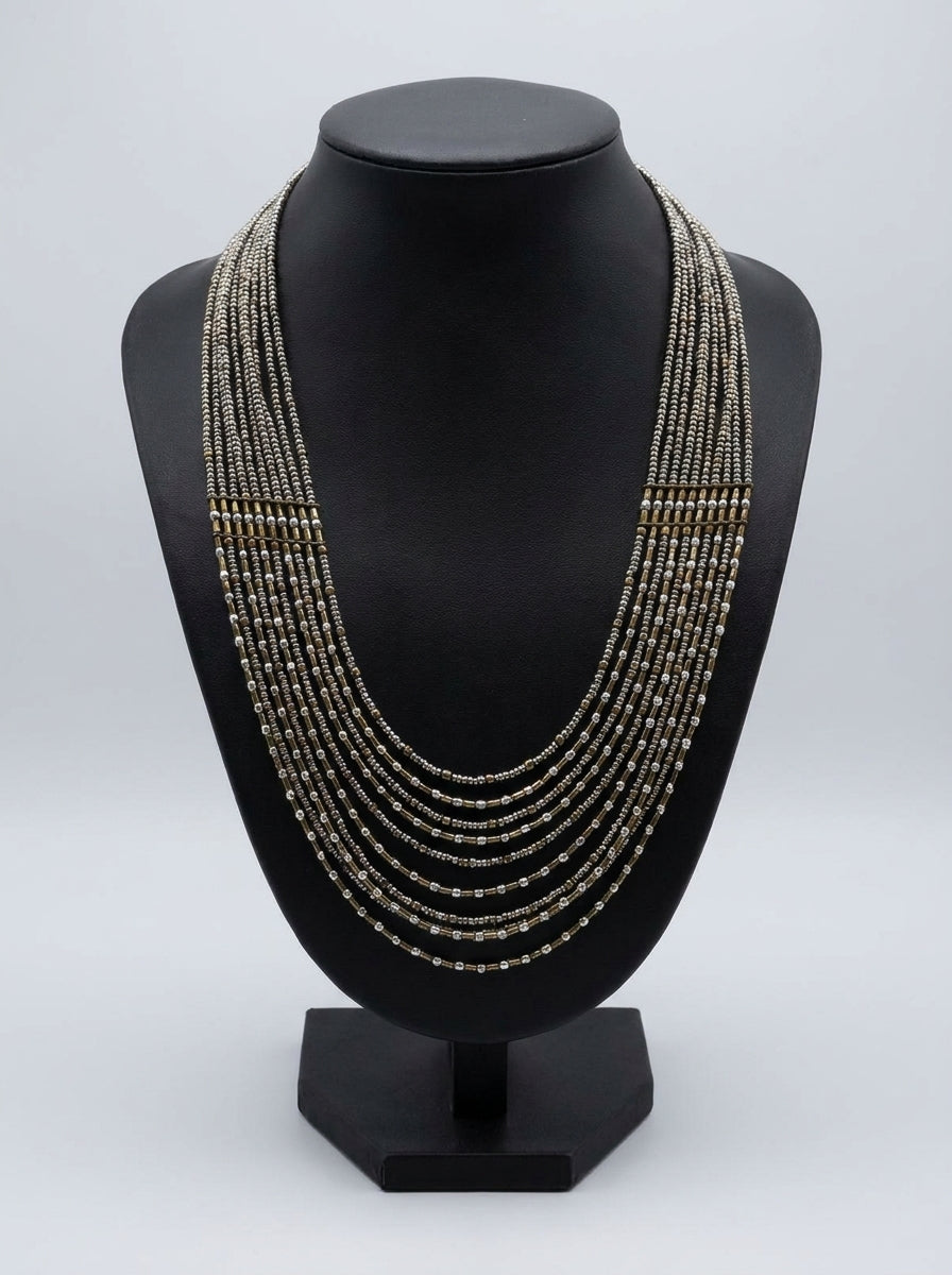 Silver and Bronze Metal Beads Multi Layer Statement Necklace