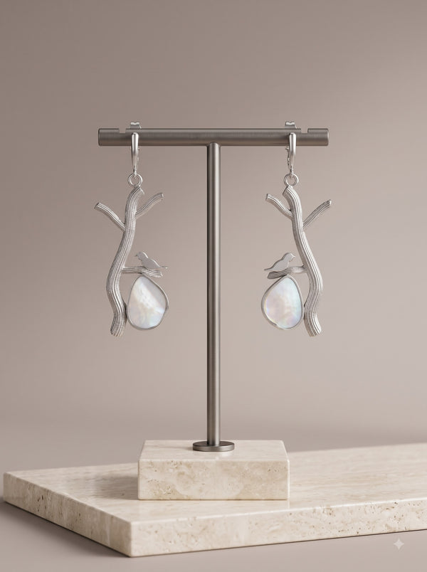 Silver Metal and Gemstone Bird Dangler Earrings