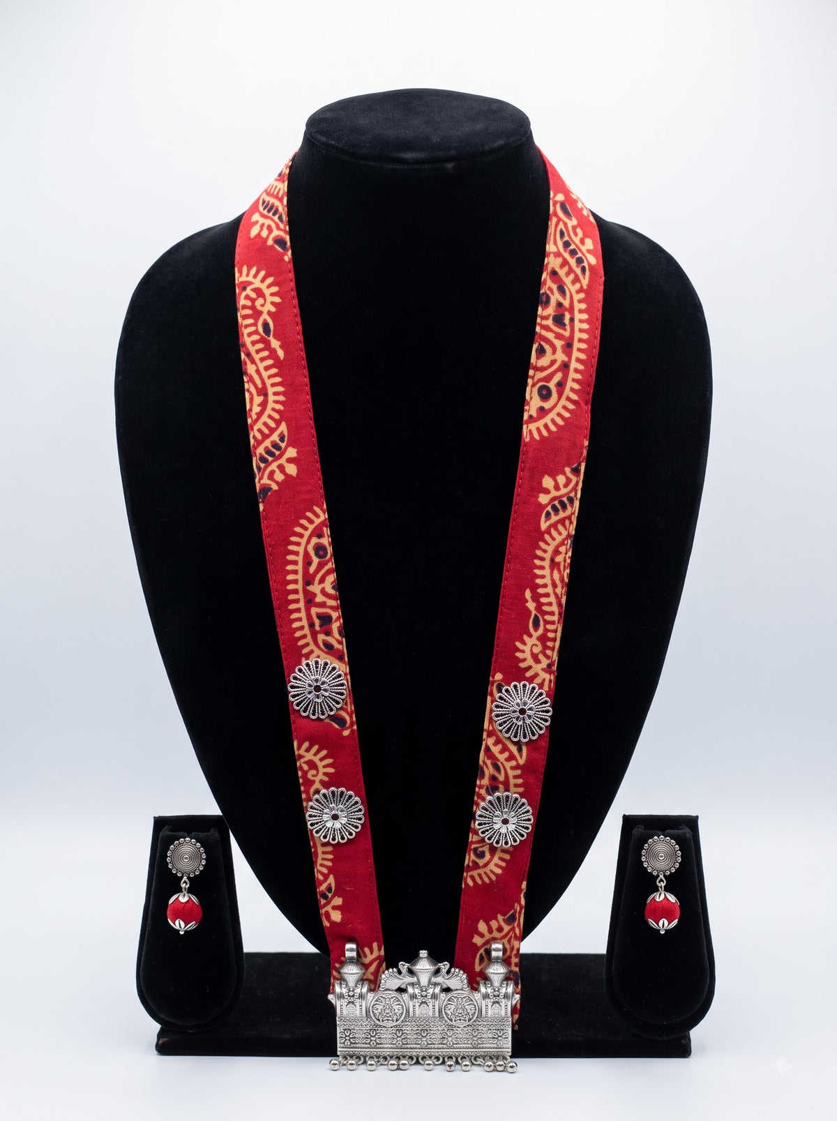 Ajrakh Block Print Statement Pendant Collar Necklace