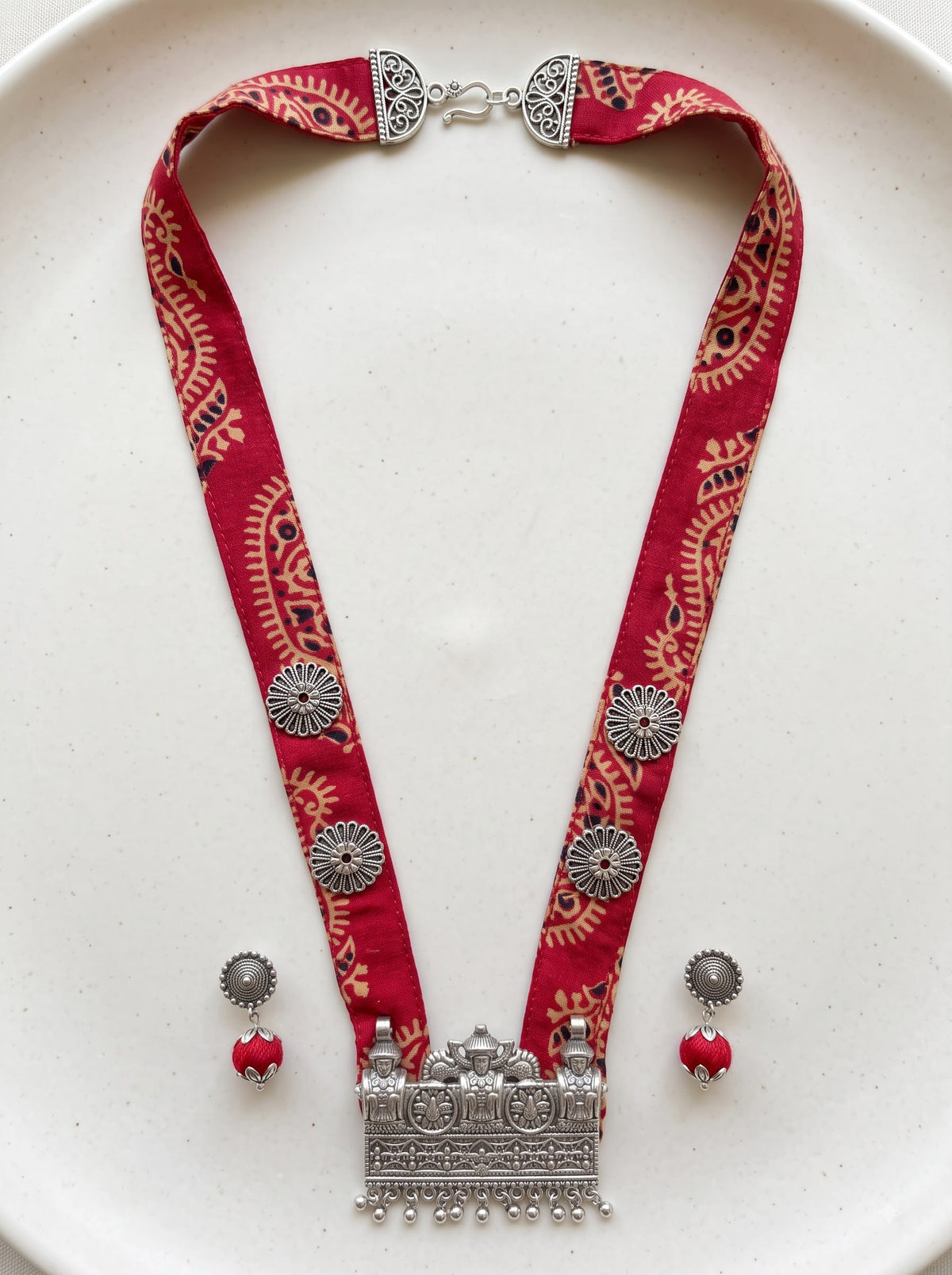 Ajrakh Block Print Statement Pendant Collar Necklace