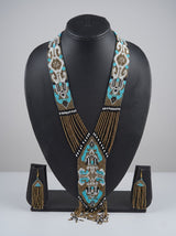 Bronze and Blue Hand Beaded Long Necklace Set