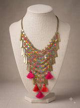 Metal Accents and Multi Color Beads Gold Finish Boho Necklace