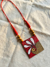 Red and Gold Peacock Hand Painted Fabric Necklace