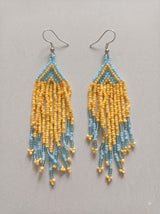 Yellow and Blue Hand Beaded Dangler Earrings
