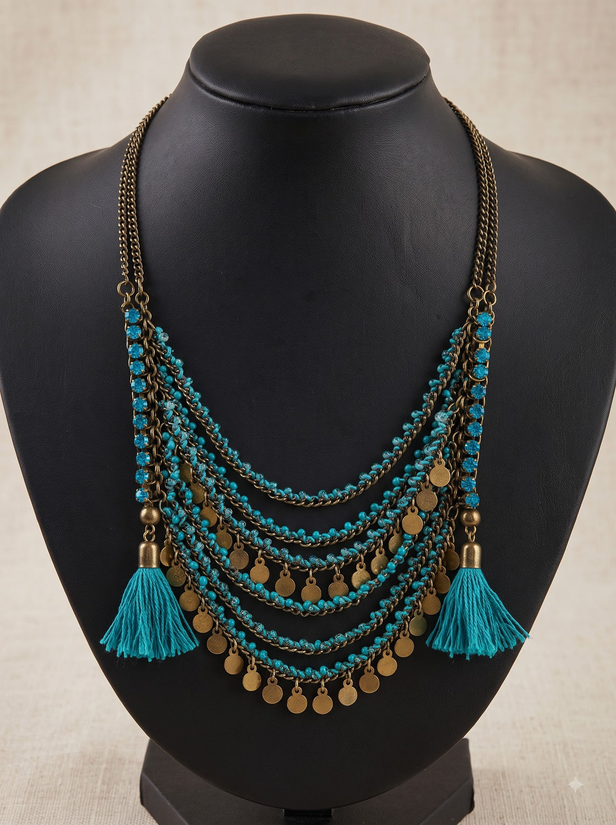 Metal Accents and Blue Beads Gold Finish Boho Necklace