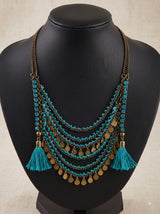 Metal Accents and Blue Beads Gold Finish Boho Necklace