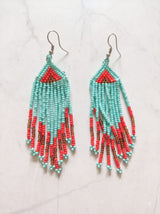 Turquoise and Red Hand Beaded Dangler Earrings