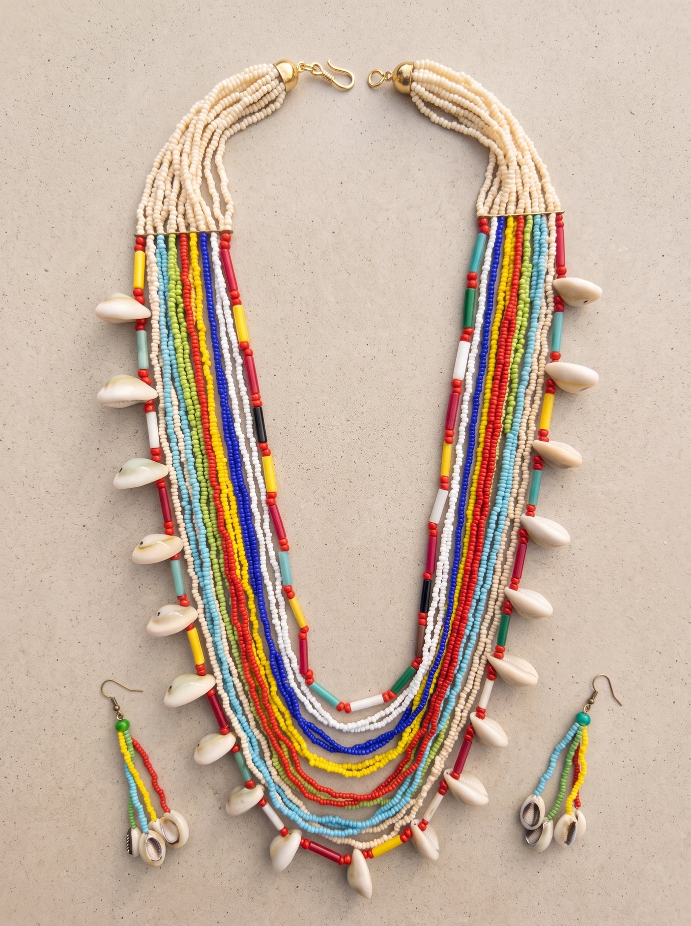 Multi-Color Beads Hand Braided Boho Necklace Set with Cowrie Shells