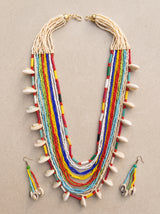 Multi-Color Beads Hand Braided Boho Necklace Set with Cowrie Shells