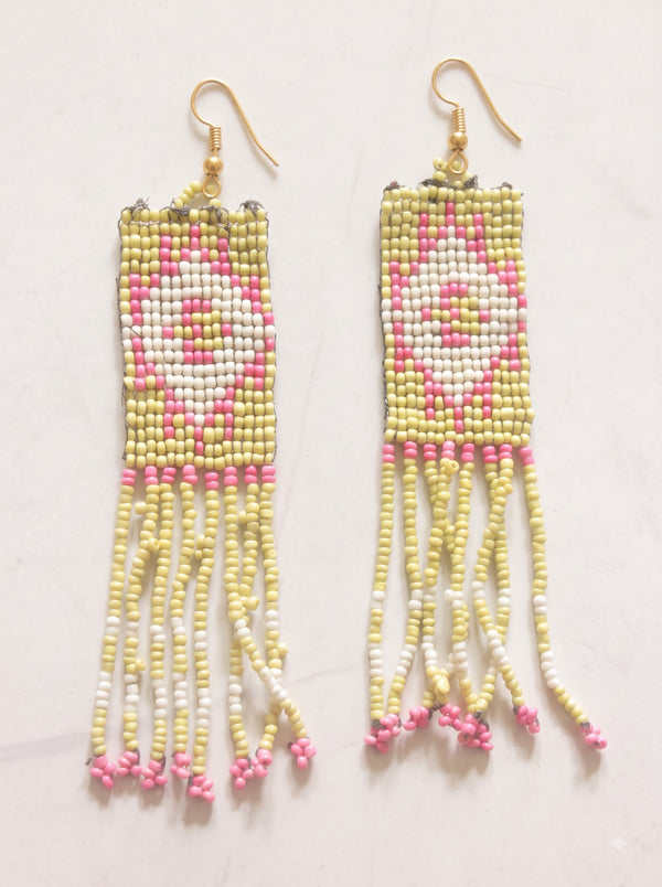 Lemon Yellow and Pink Hand Beaded Dangler Earrings