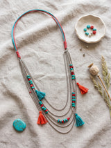 Turquoise & Coral Layered Tassel Chain Bohemian Necklace